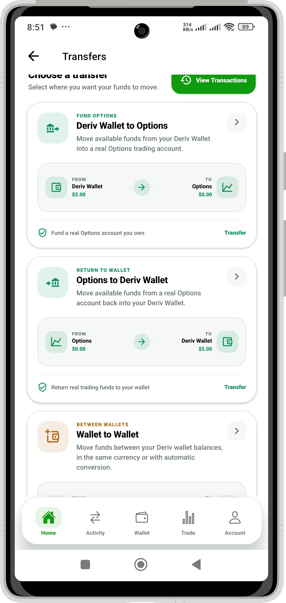 DM PAY Deriv transfer routes including Wallet to Options and Options to Wallet