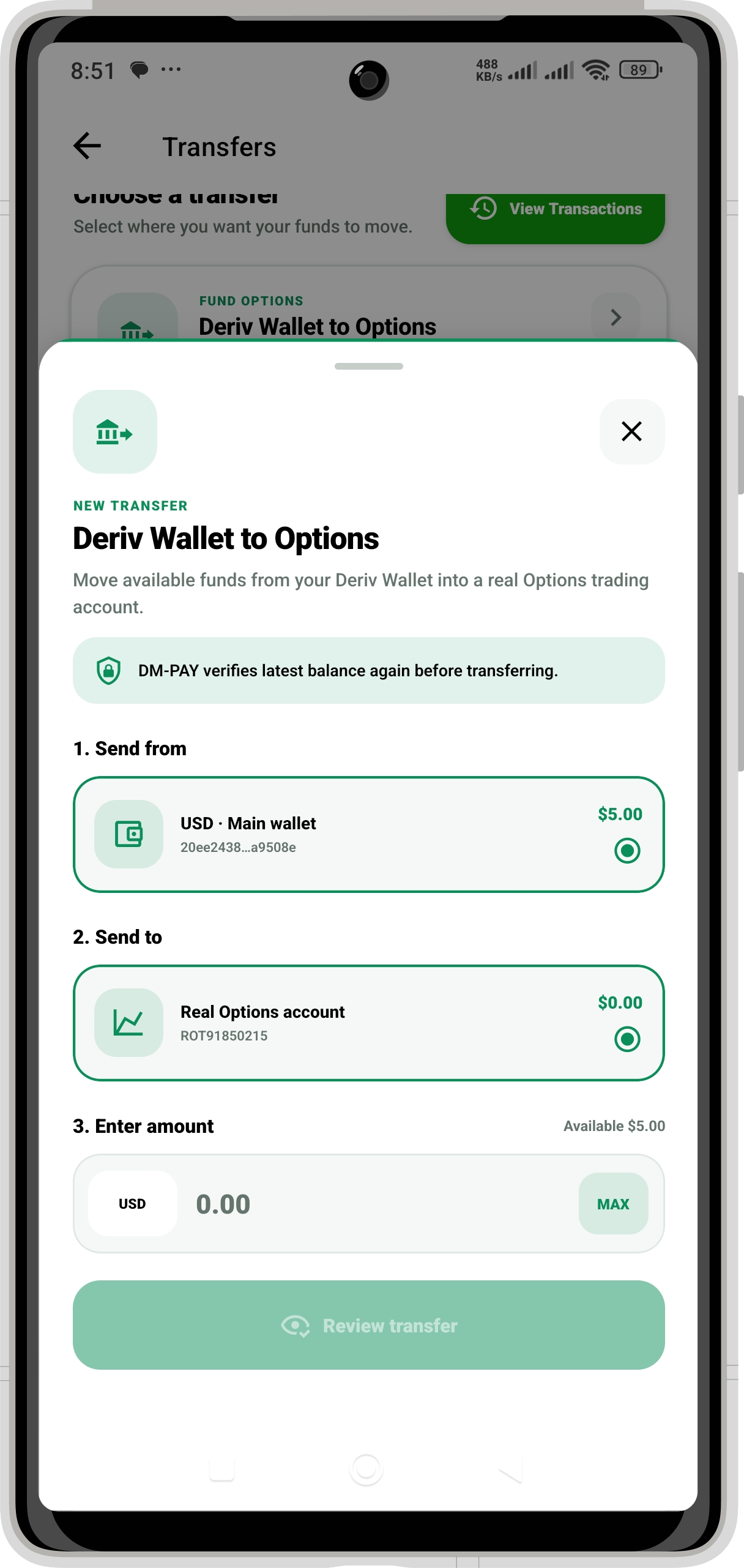 DM PAY Wallet to Options screen: Fund a trading account