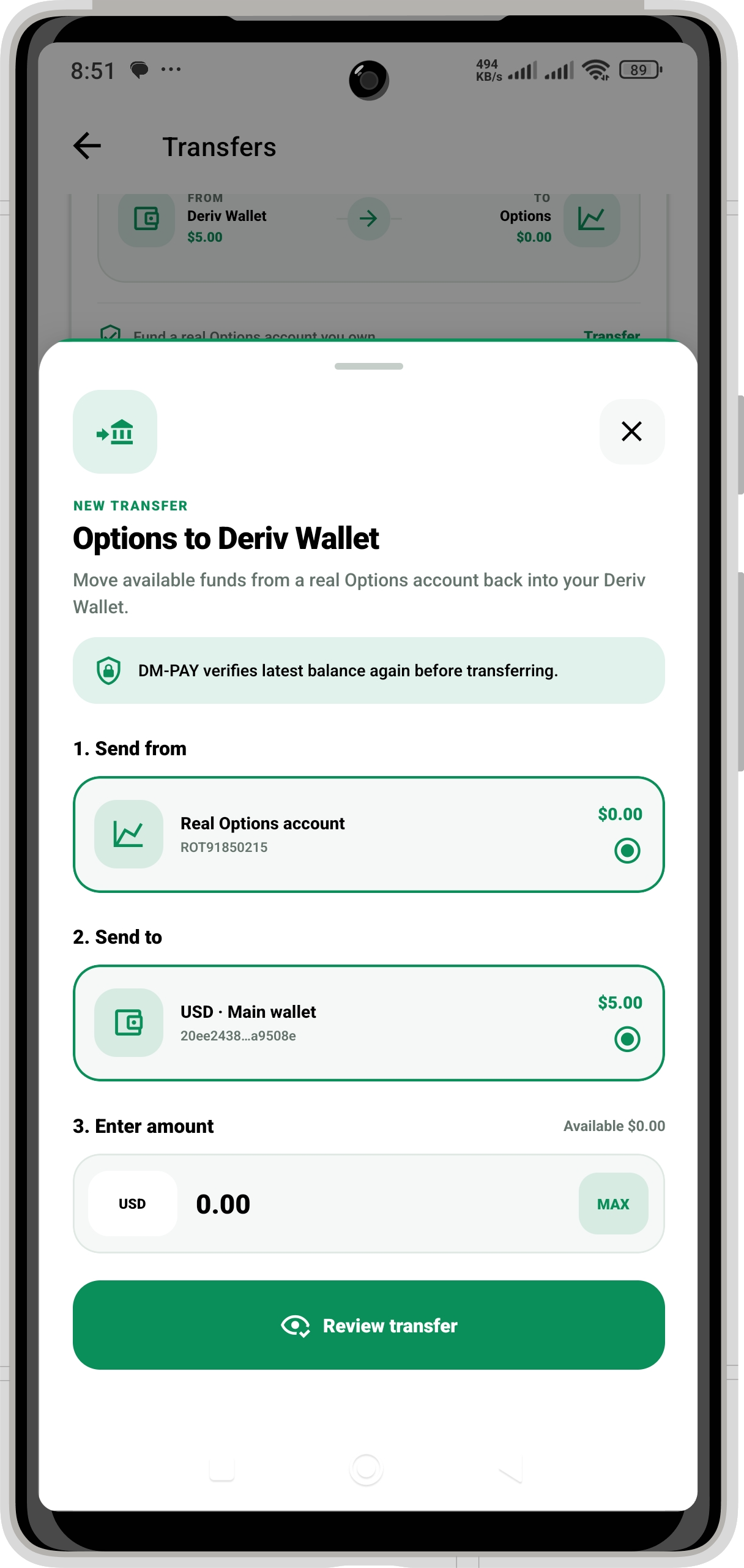 DM PAY Options to Wallet screen: Move funds back to Wallet