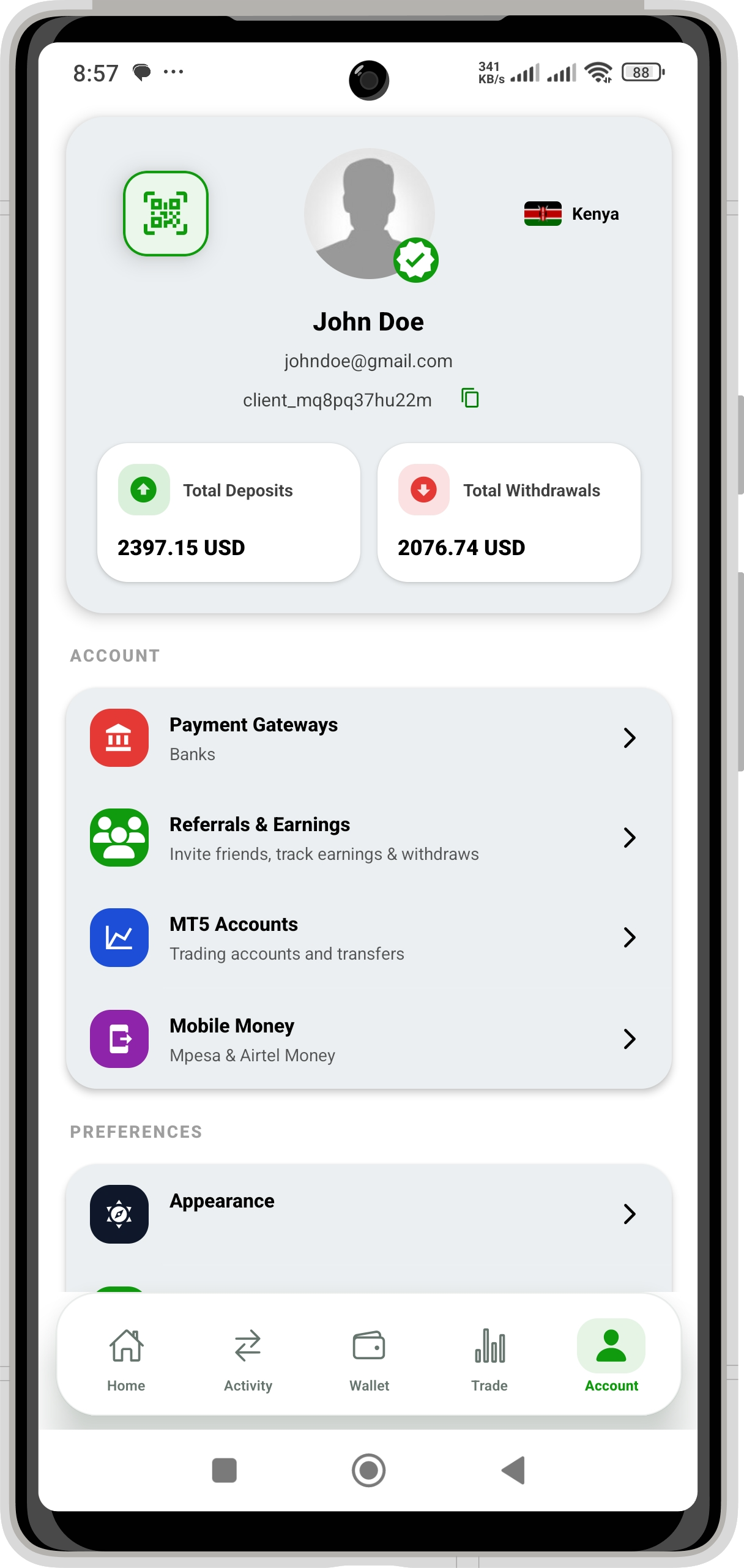 DM PAY Account & services screen: Gateways, referrals and profile