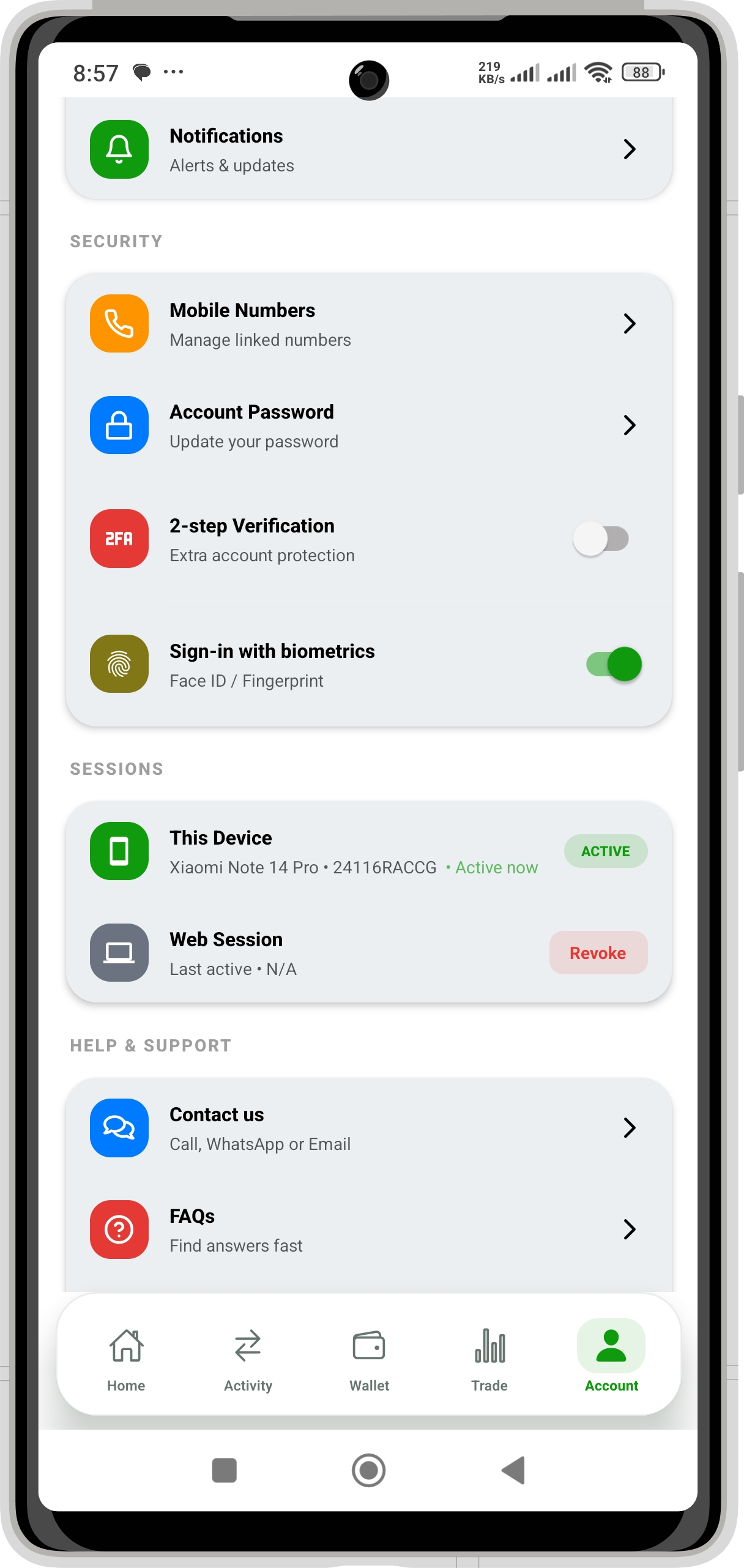 DM PAY Security settings screen: Authentication and sessions
