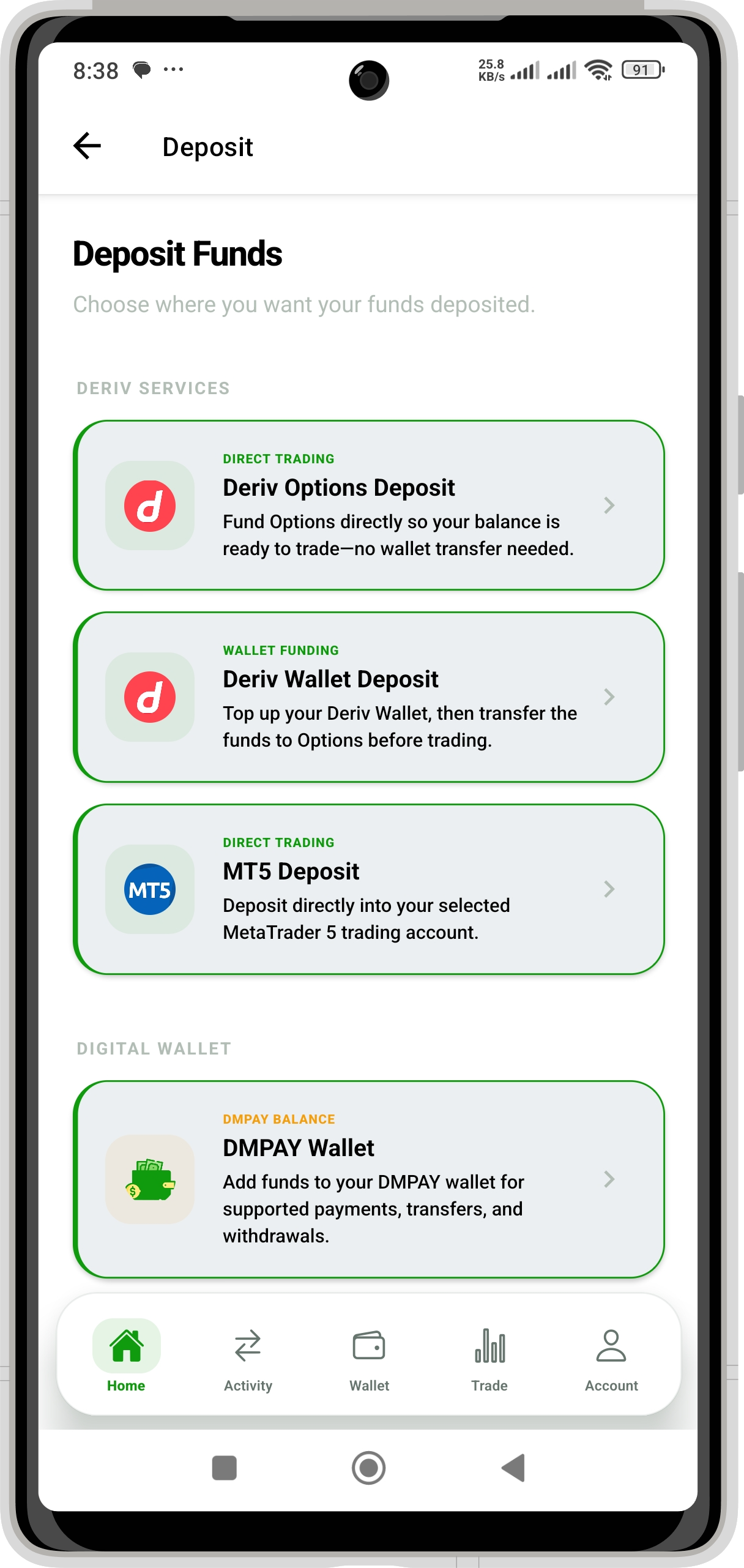 DM PAY screen for choosing a Deriv Options, Deriv Wallet or DM PAY Wallet deposit