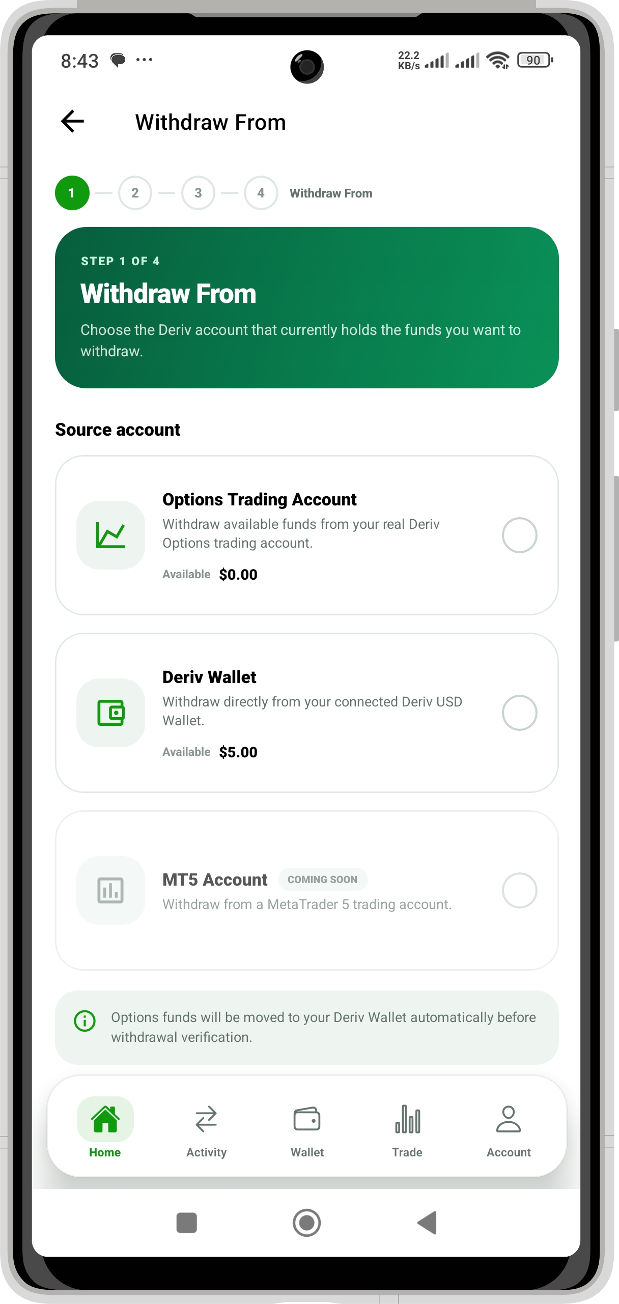 DM PAY Withdrawal source screen: Options or Deriv Wallet