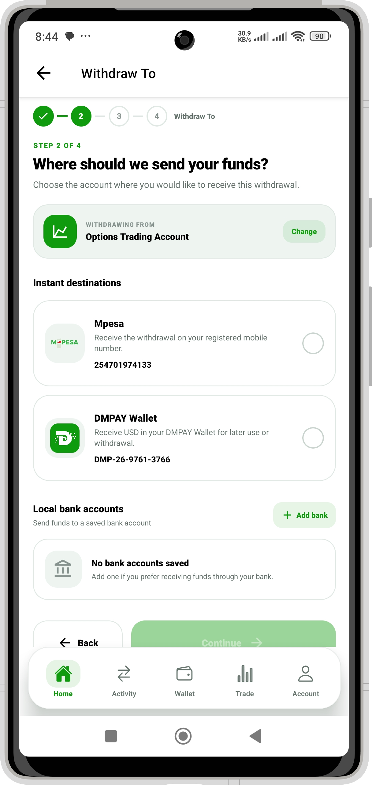 DM PAY withdrawal destinations including M-Pesa, DM PAY Wallet and linked local banks