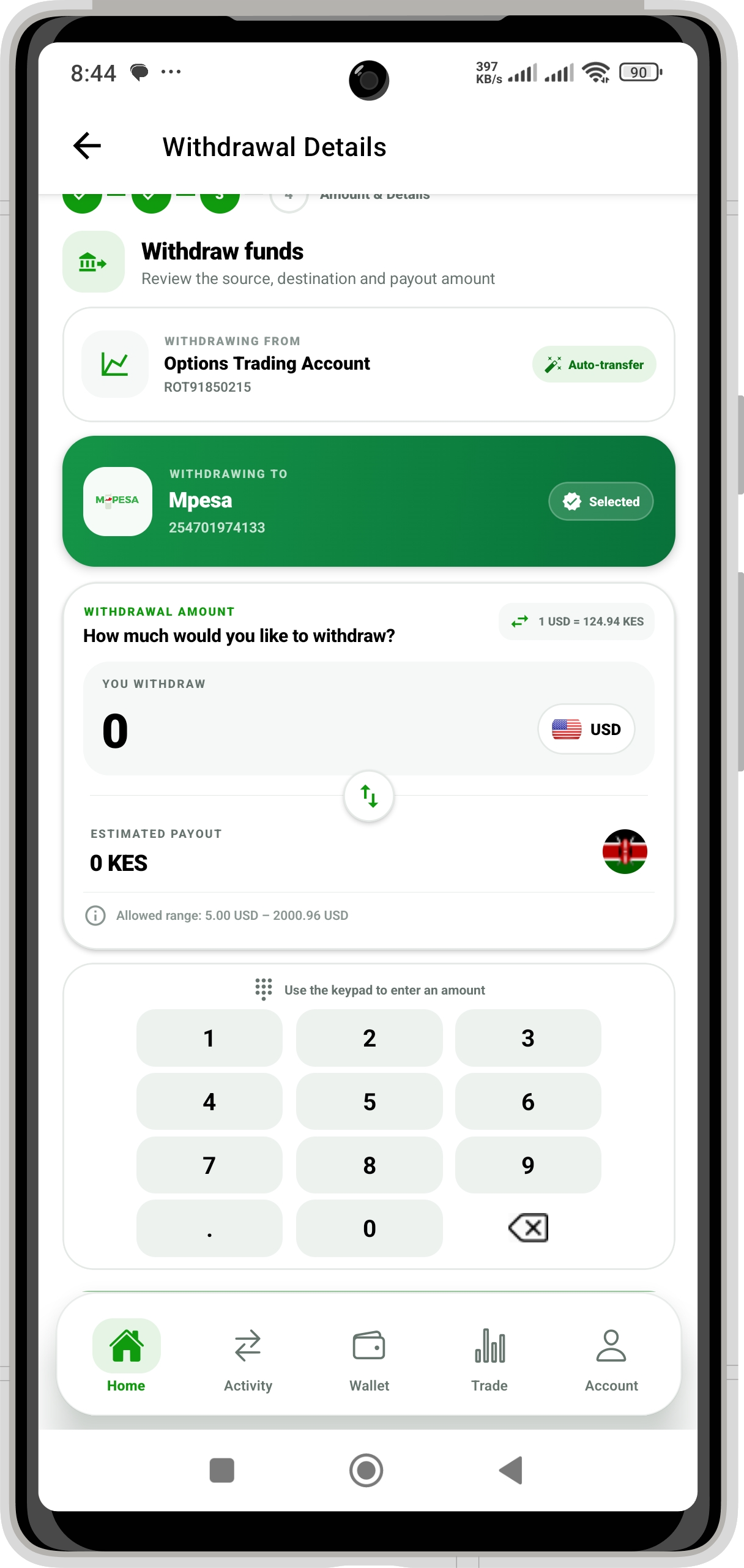DM PAY Options Trading Account to M-Pesa withdrawal details screen