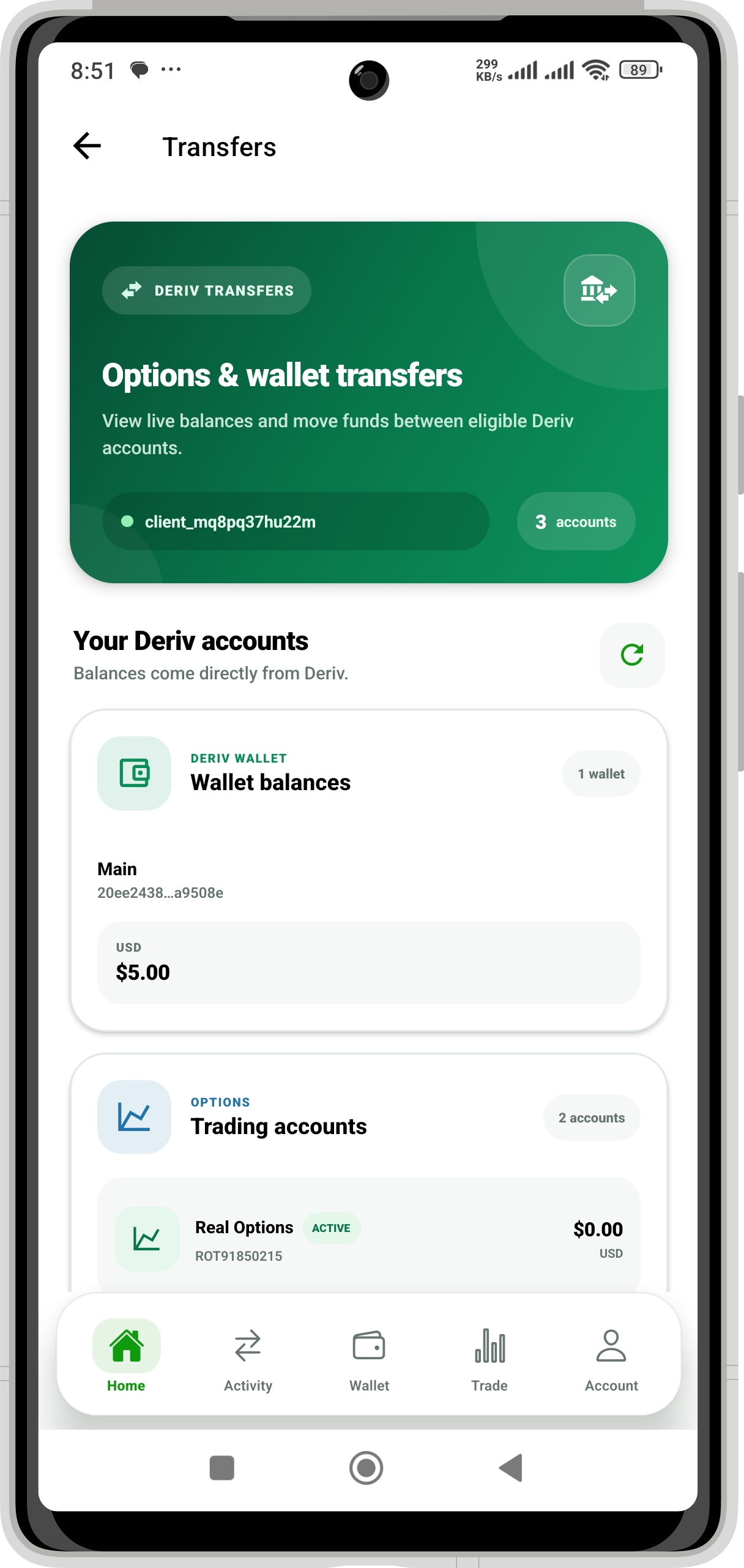 DM PAY connected Deriv wallet and Options account balances